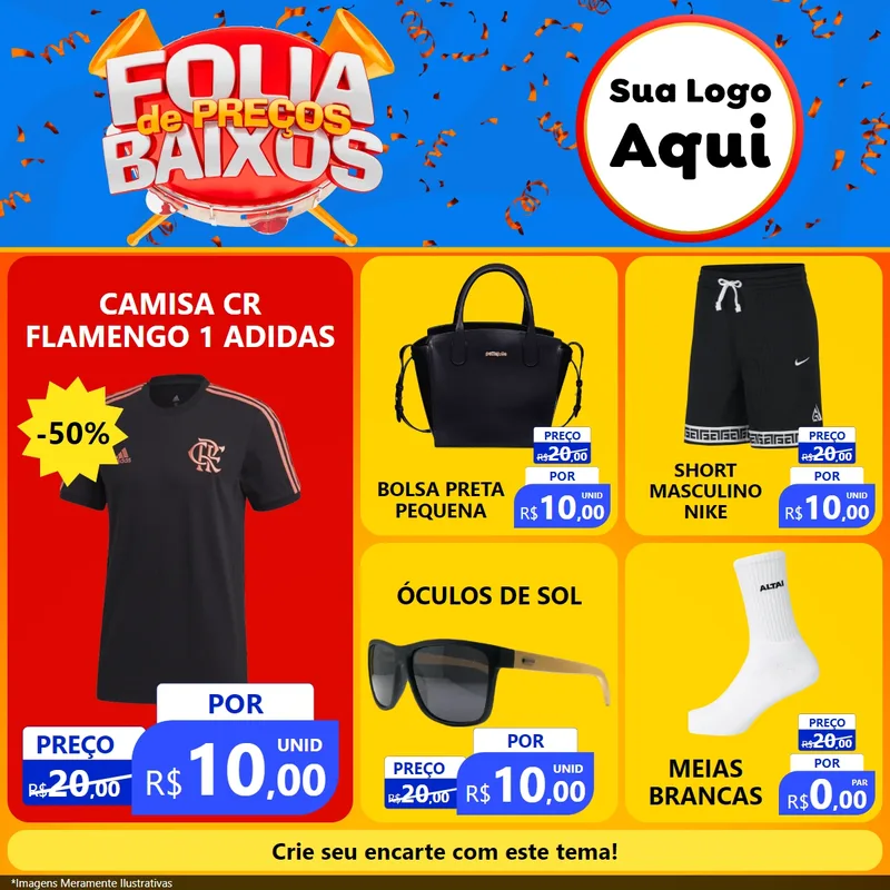 Modelo de Rede Social para Feed Facebook com o tema Folia de Preços Baixos para Roupas e acessórios