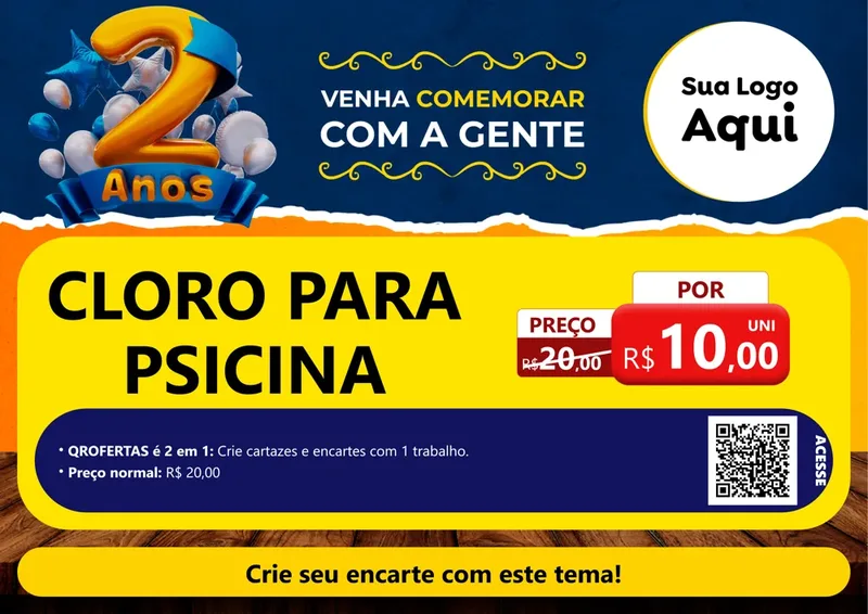 Modelo de Cartaz para Cartaz A4 Horizontal com o tema Aniversário de 2 anos para Produtos para Piscina