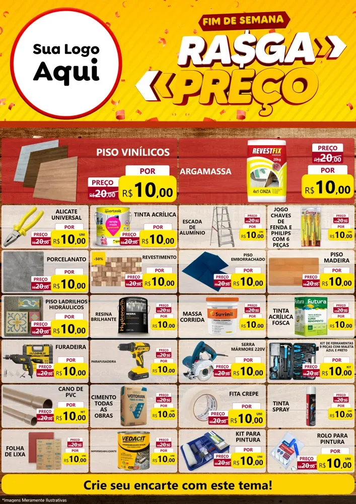 Modelo de Encarte para Encarte A4 Vertical com o tema Fim de Semana Rasga Preços para Material para Construção