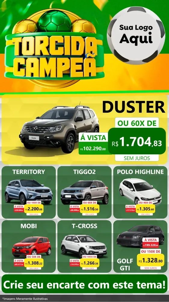 Modelo de Rede Social para Stories com o tema Torcida Campeã - Copa para Concessionaria de Carros