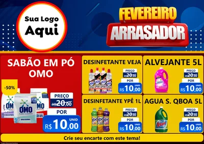Modelo de Encarte para Encarte A4 Horizontal com o tema Fevereiro Arrasador para Produtos de Limpeza