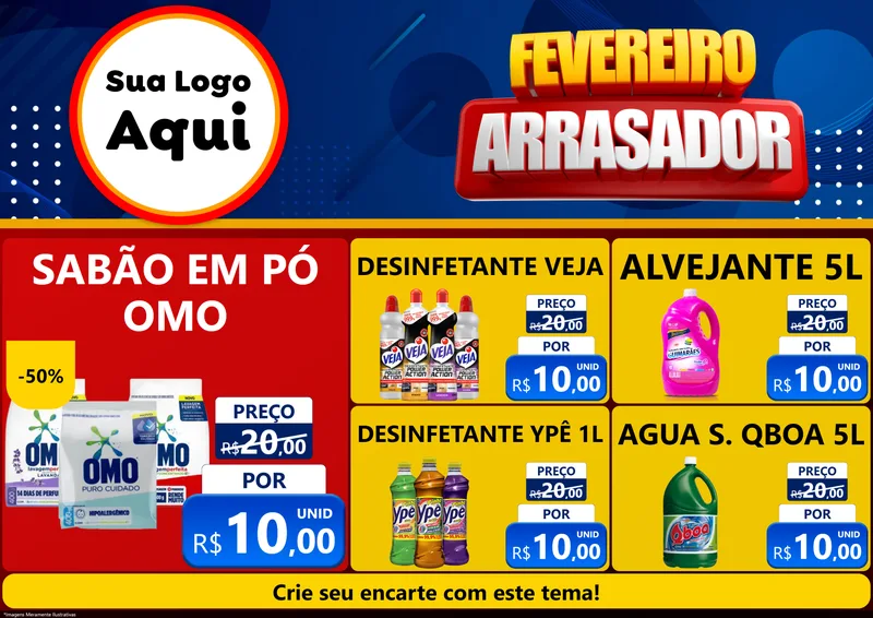 Modelo de Encarte para Encarte A4 Horizontal com o tema Fevereiro Arrasador para Produtos de Limpeza
