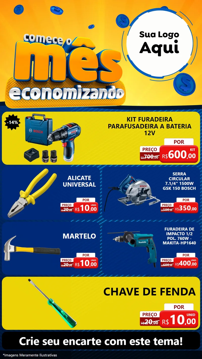Modelo de TV para TV Vertical com o tema Comece O Mês Economizando para Maquinas e Ferramentas