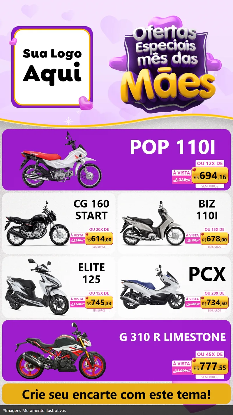 Modelo de TV para TV Vertical com o tema Ofertas Especiais - Mês das Mães para Concessionaria de Motos