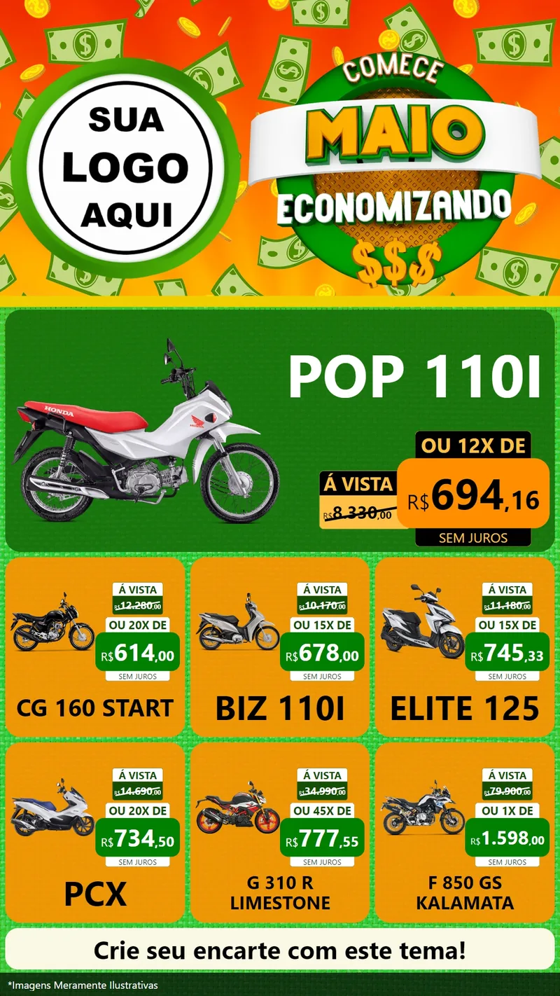 Modelo de Rede Social para Stories com o tema Comece Maio Economizando para Concessionaria de Motos