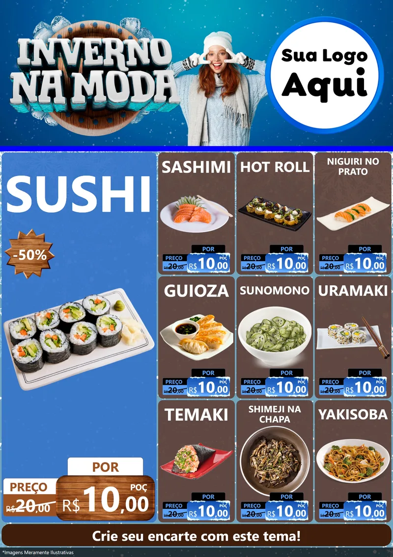 Modelo de Encarte para Encarte A4 Vertical com o tema Inverno na Moda para Comida japonesa
