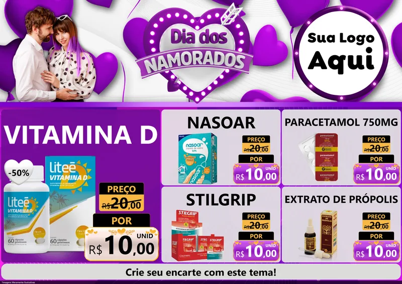 Modelo de Encarte para Encarte A4 Horizontal com o tema Dia dos Namorados para Farmácia
