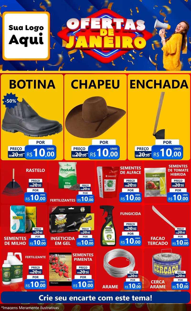 Modelo de Encarte para Encarte Grande com o tema Ofertas de Janeiro para Agropecuária