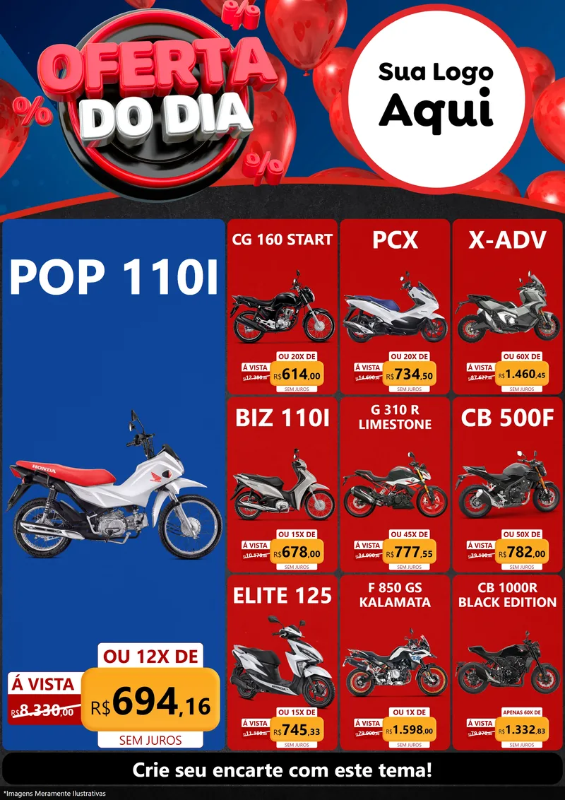 Modelo de Encarte para Encarte A4 Vertical com o tema Oferta do Dia para Concessionaria de Motos