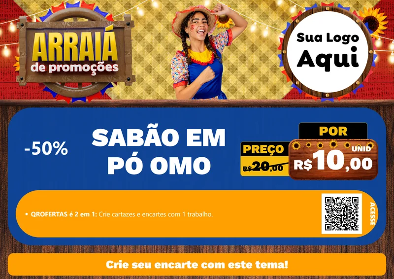 Modelo de Cartaz para Cartaz A4 Horizontal com o tema Arraiá de Promoções para Produtos de Limpeza