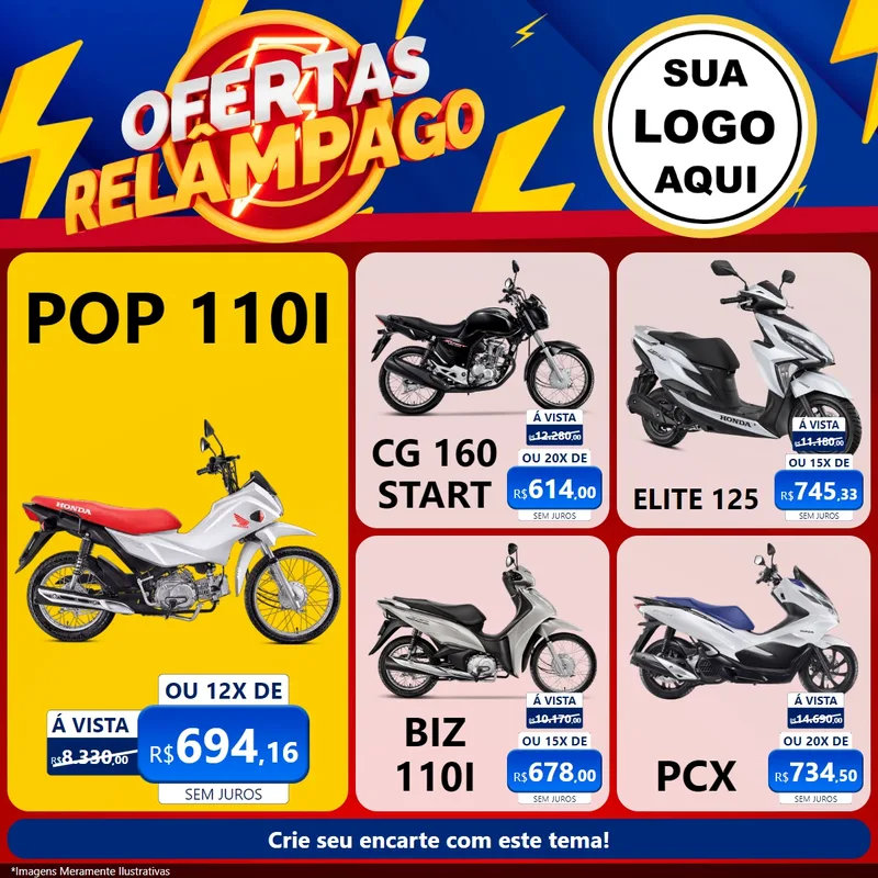 Modelo de Rede Social para Feed Facebook com o tema Ofertas Relâmpago para Concessionaria de Motos