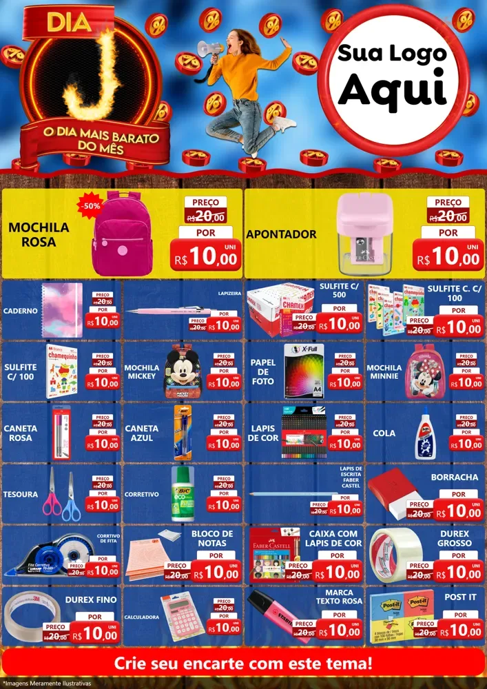 Modelo de Encarte para Encarte A4 Vertical com o tema Dia J - O Dia Mais Barato Do Mês para Papelaria