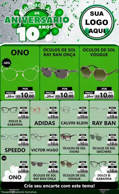 Modelo de Encarte para Encarte Grande com o tema Promoção de Aniversário - 10 Anos para Óticas