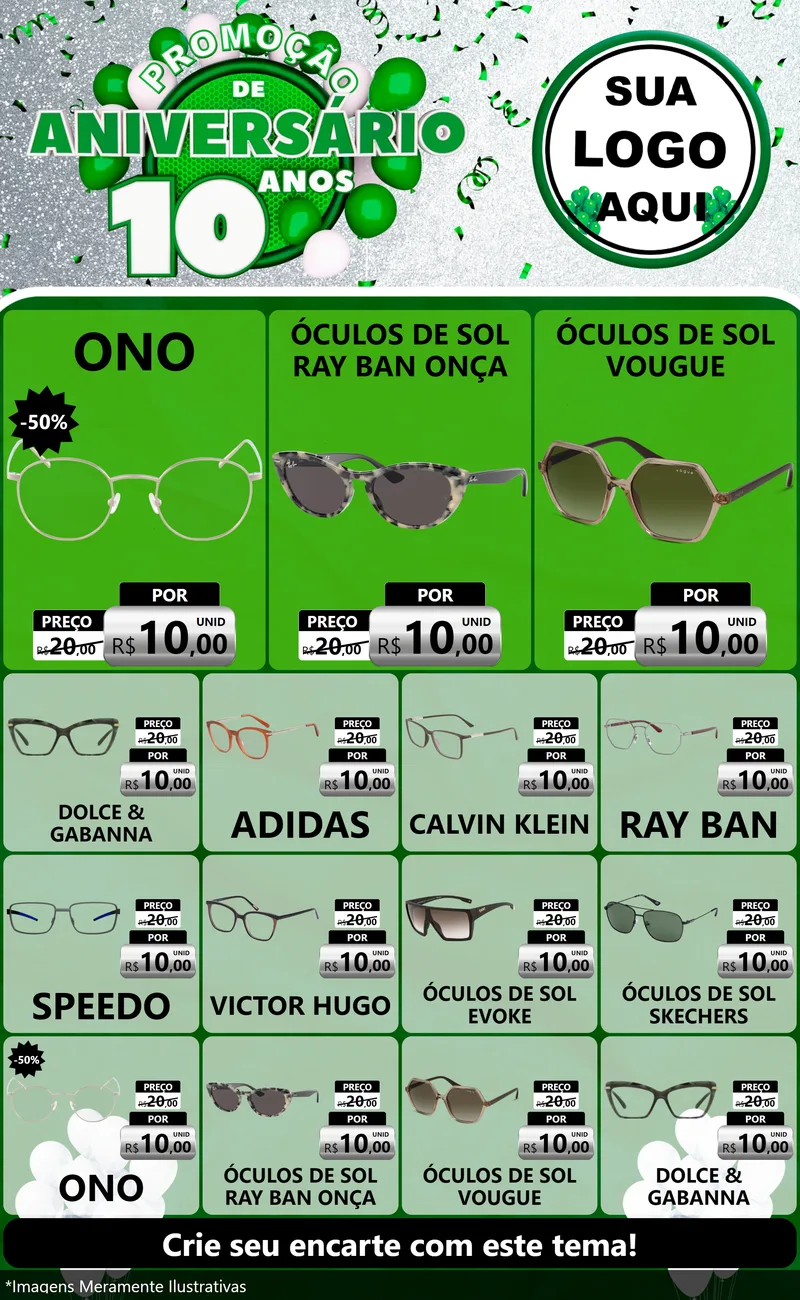 Modelo de Encarte para Encarte Grande com o tema Promoção de Aniversário - 10 Anos para Óticas