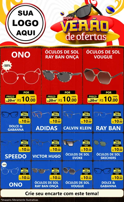 Modelo de Encarte para Encarte Grande com o tema Super Verão de Ofertas para Óticas