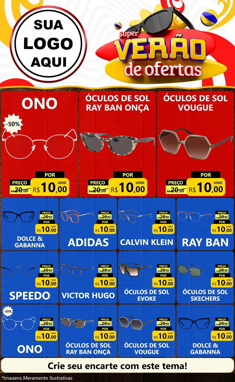 Modelo de Encarte para Encarte Grande com o tema Super Verão de Ofertas para Óticas