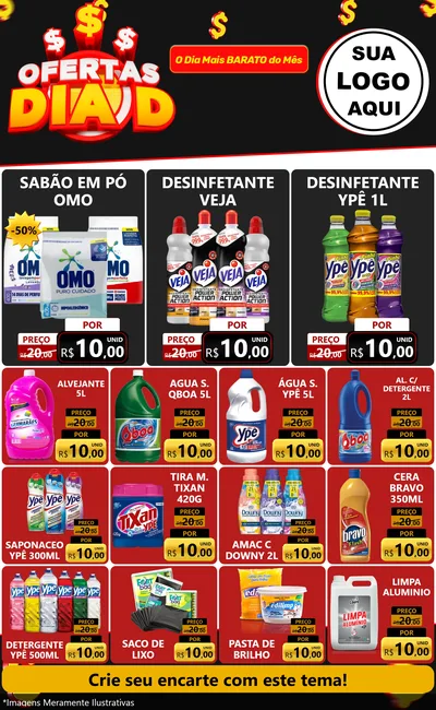 Modelo de Encarte para Encarte Grande com o tema Ofertas Dia D para Produtos de Limpeza