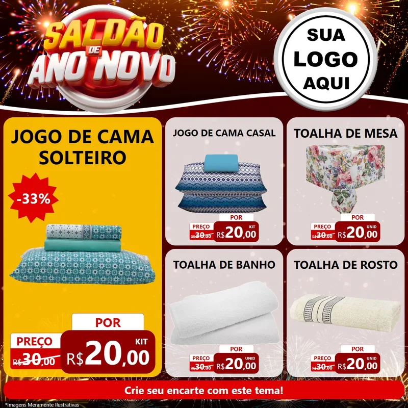 Modelo de Rede Social para Feed Facebook com o tema Saldão de Ano Novo para Cama, Mesa e Banho