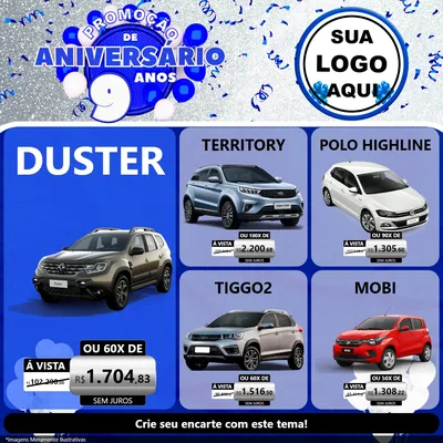 Modelo de Rede Social para Feed Facebook com o tema Promoção de Aniversário - 9 Anos para Concessionaria de Carros