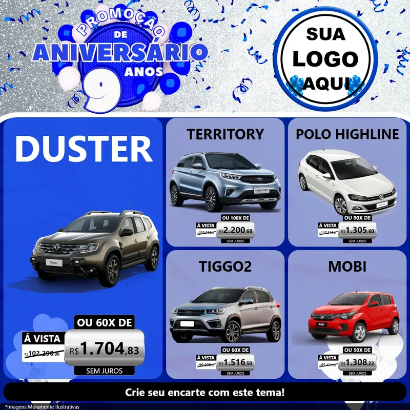 Modelo de Rede Social para Feed Facebook com o tema Promoção de Aniversário - 9 Anos para Concessionaria de Carros