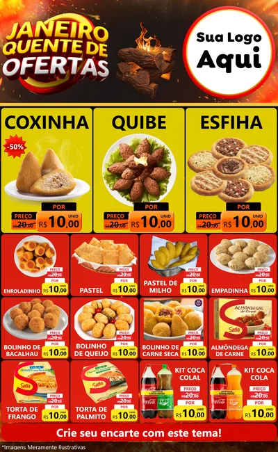 Modelo de Encarte para Encarte Grande com o tema Janeiro Quente de Ofertas para Salgadaria