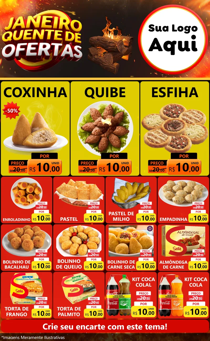 Modelo de Encarte para Encarte Grande com o tema Janeiro Quente de Ofertas para Salgadaria