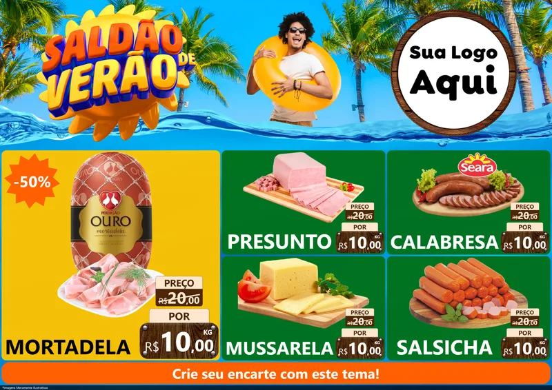 Modelo de Encarte para Encarte A4 Horizontal com o tema Saldão de Verão para Frios e Laticínios