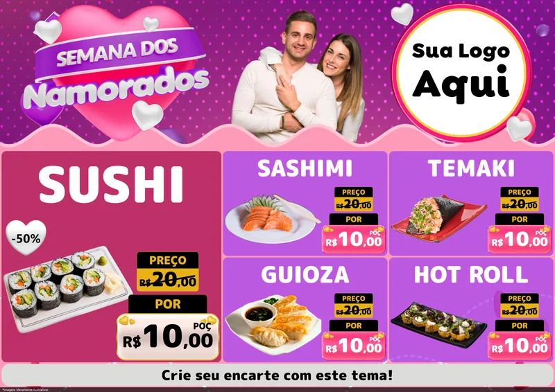 Modelo de Encarte para Encarte A4 Horizontal com o tema Semana dos Namorados para Comida japonesa