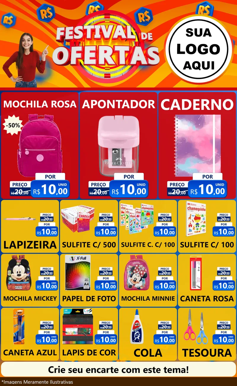 Modelo de Encarte para Encarte Grande com o tema Festival de Ofertas para Papelaria