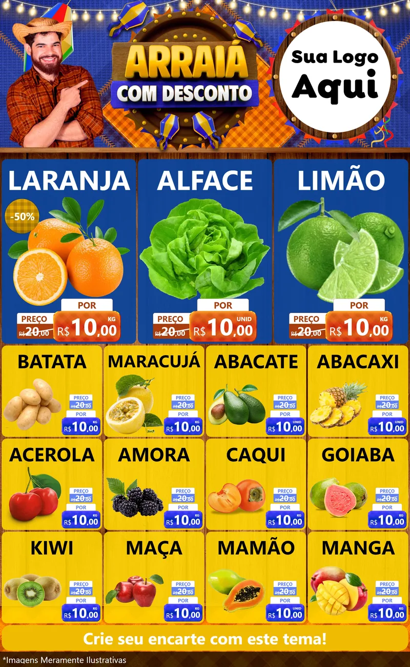 Modelo de Encarte para Encarte Grande com o tema Arraiá Com Desconto para Hortifrúti