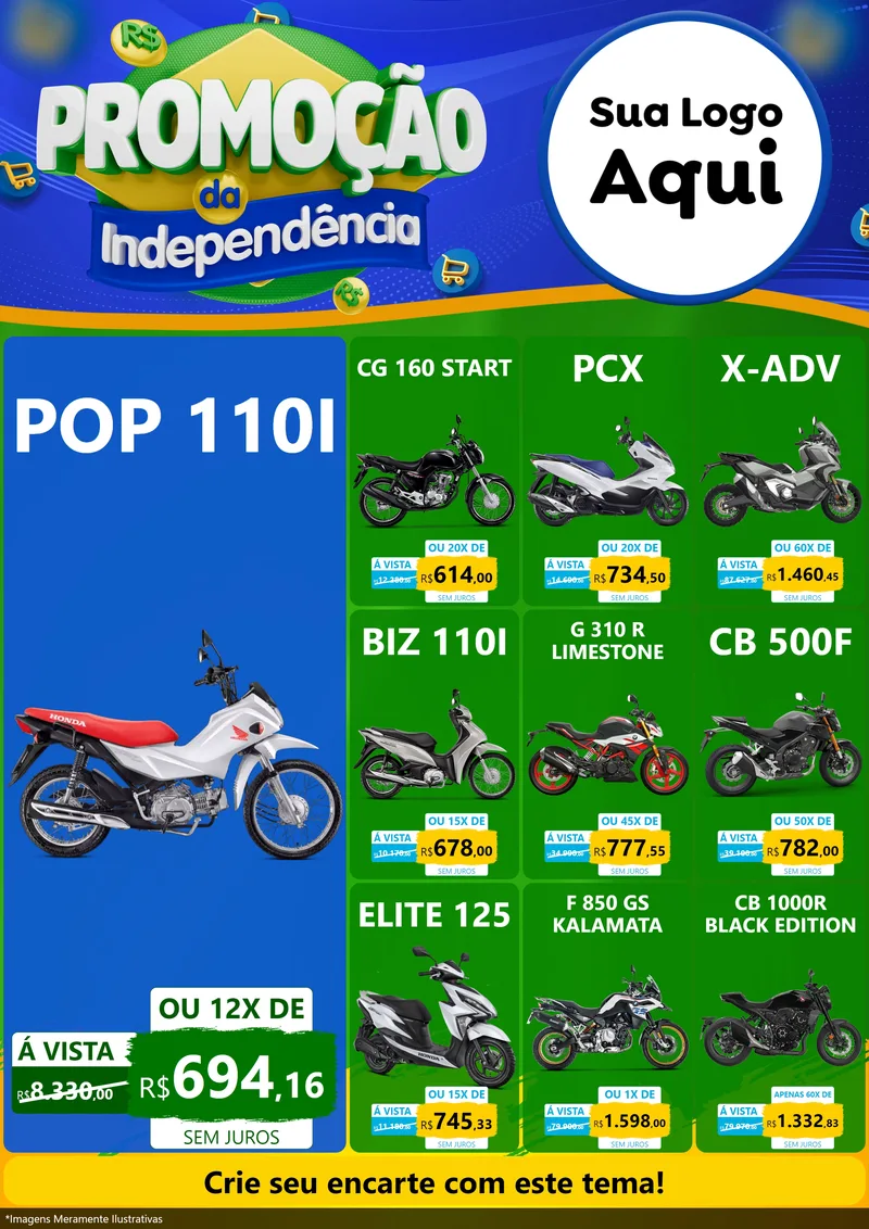 Modelo de Encarte para Encarte A4 Vertical com o tema Promoção da Independência para Concessionaria de Motos