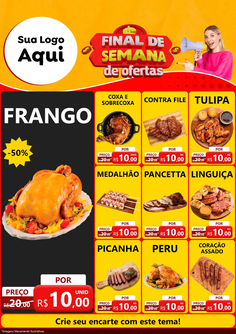 Modelo de Encarte para Encarte A4 Vertical com o tema Final de Semana de Ofertas para Assados