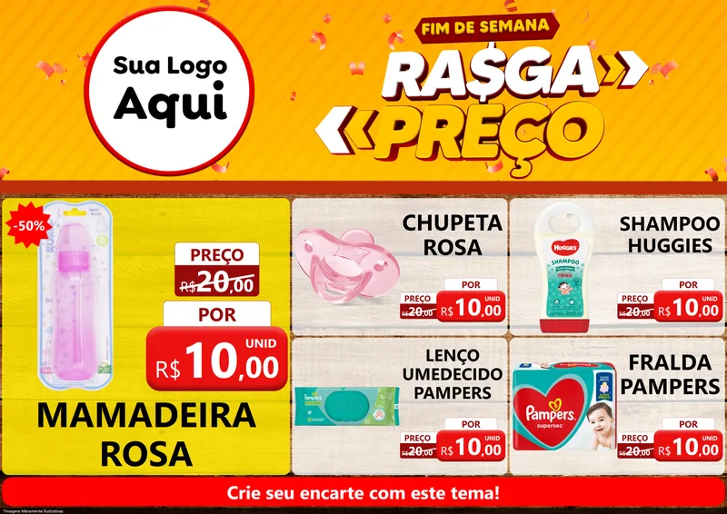 Modelo de Encarte para Encarte A4 Horizontal com o tema Fim de Semana Rasga Preços para Bebês