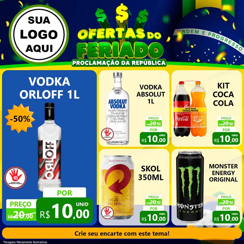 Modelo de Rede Social para Feed Facebook com o tema Ofertas do Feriado - Proclamação da República para Distribuidora de bebidas