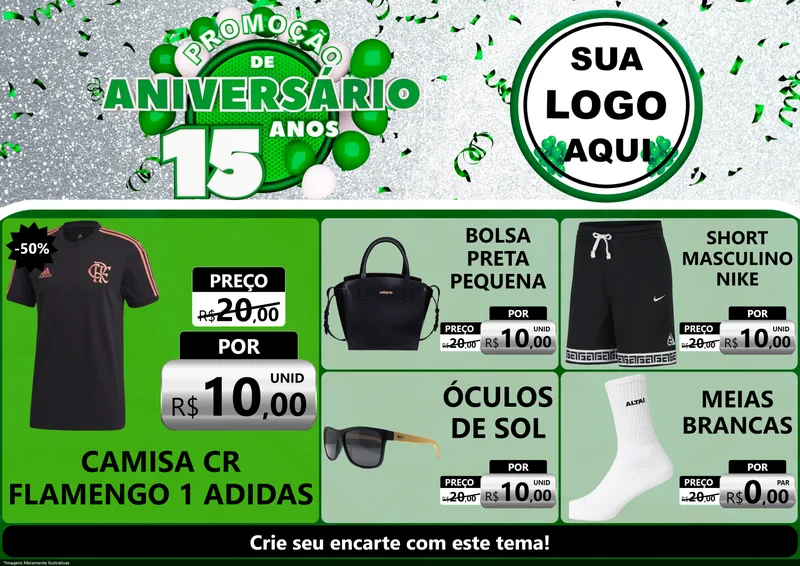 Modelo de Encarte para Encarte A4 Horizontal com o tema Promoção de Aniversário - 15 Anos para Roupas e acessórios