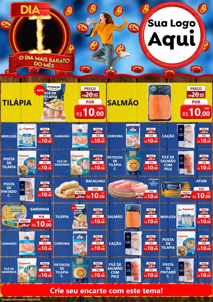 Modelo de Encarte para Encarte A4 Vertical com o tema Dia I - O Dia Mais Barato Do Mês para Peixaria