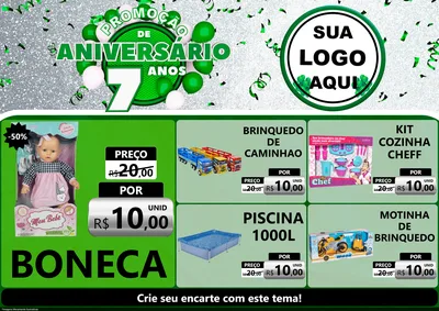 Modelo de Encarte para Encarte A4 Horizontal com o tema Promoção de Aniversário - 7 Anos para Brinquedos