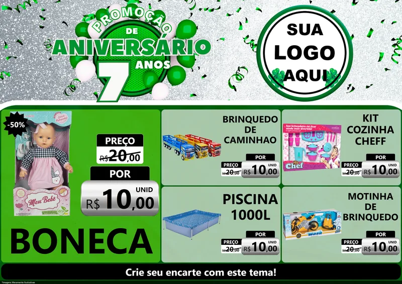 Modelo de Encarte para Encarte A4 Horizontal com o tema Promoção de Aniversário - 7 Anos para Brinquedos