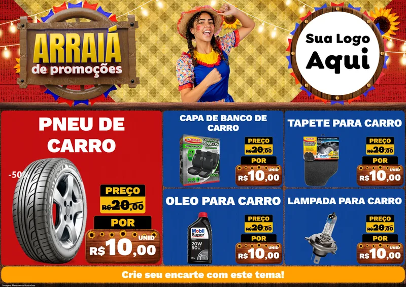 Modelo de Encarte para Encarte A4 Horizontal com o tema Arraiá de Promoções para Auto peças