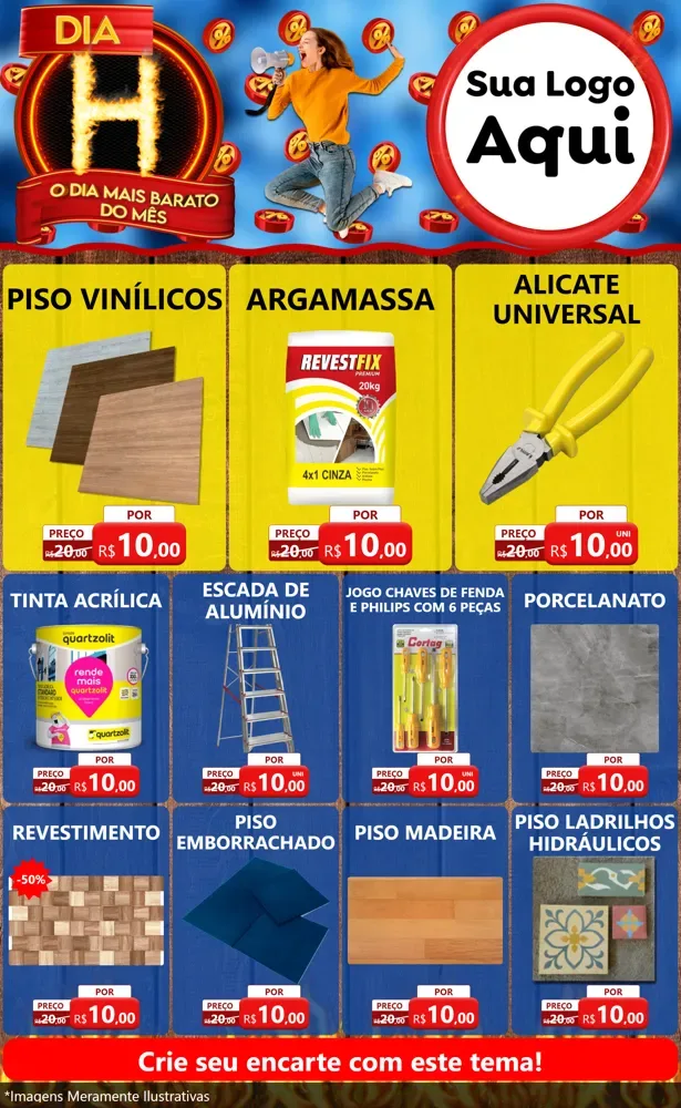 Modelo de Encarte para Encarte Grande com o tema Dia H - O Dia Mais Barato Do Mês para Material para Construção