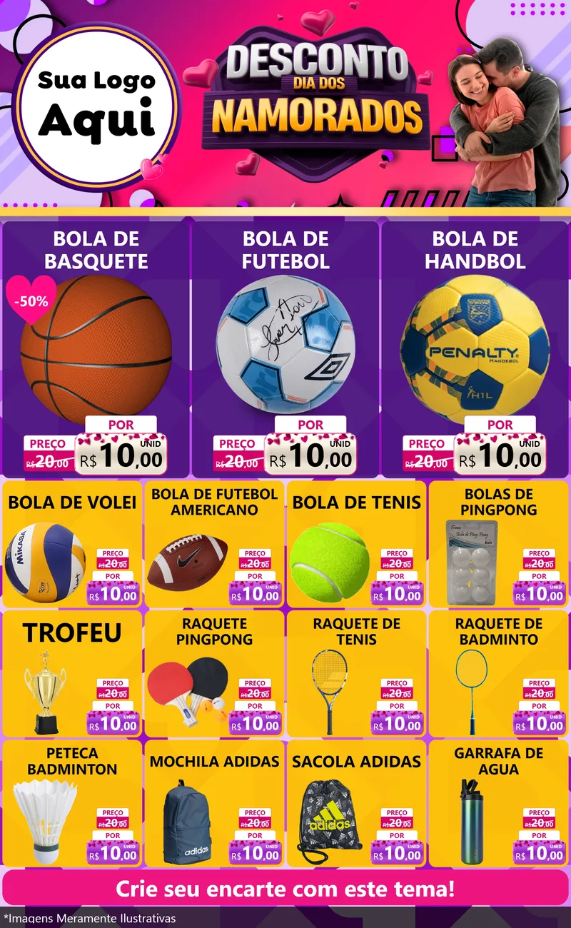 Modelo de Encarte para Encarte Grande com o tema Desconto Dia dos Namorados para Artigos Esportivos