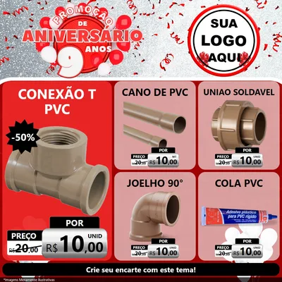 Modelo de Rede Social para Feed Facebook com o tema Promoção de Aniversário - 9 Anos para Tubos e conexões