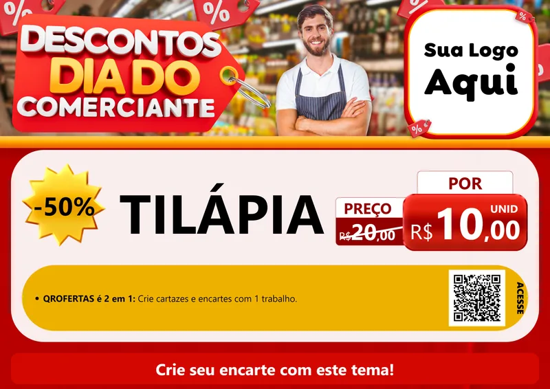 Modelo de Cartaz para Cartaz A4 Horizontal com o tema Descontos Dia do Comerciante para Peixaria