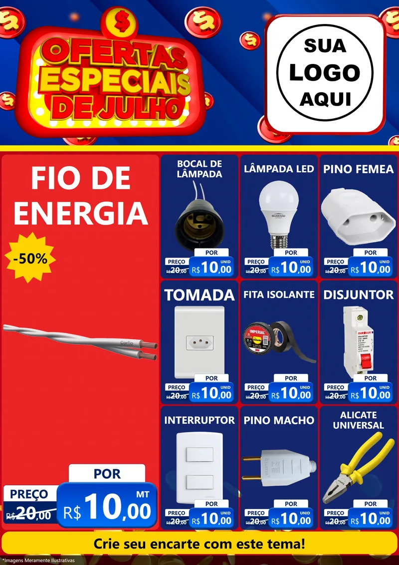Modelo de Encarte para Encarte A4 Vertical com o tema Ofertas Especiais de Julho para Materiais Elétricos