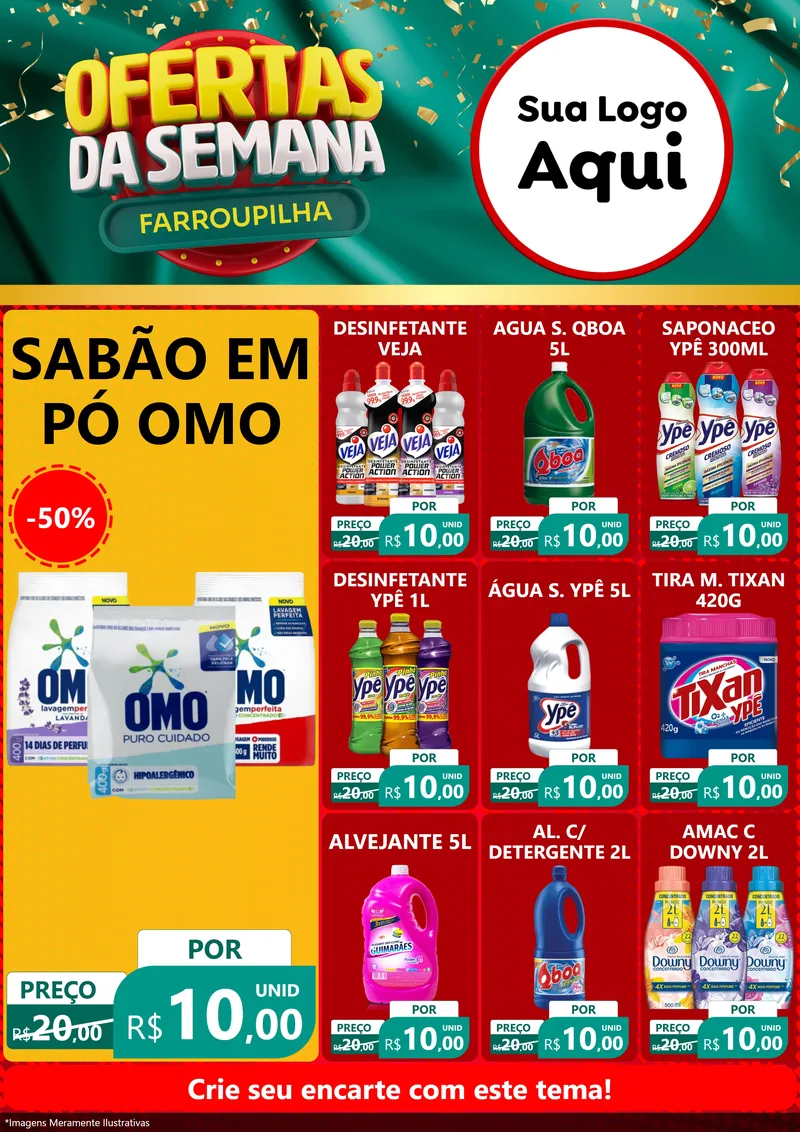 Modelo de Encarte para Encarte A4 Vertical com o tema Ofertas da Semana Farroupilha para Produtos de Limpeza