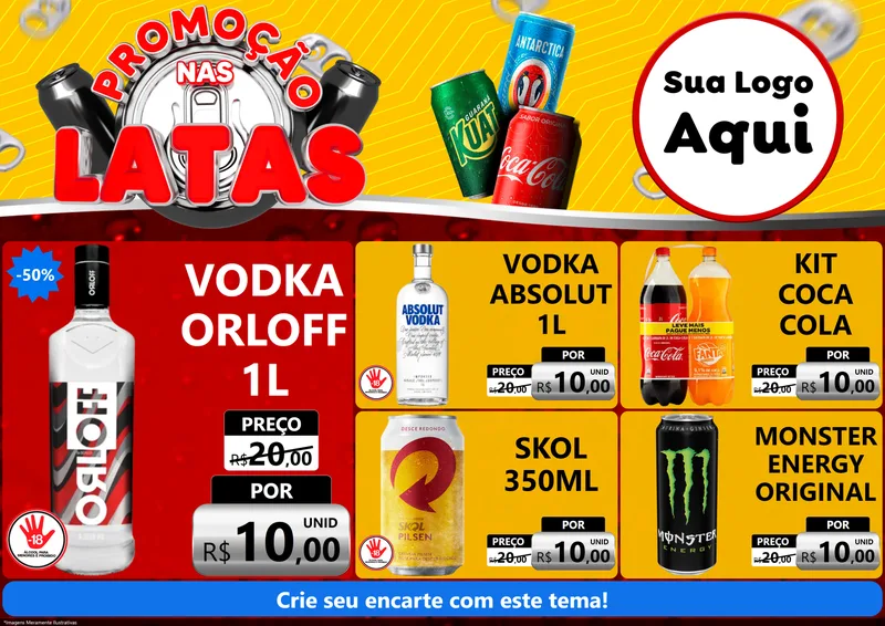 Modelo de Encarte para Encarte A4 Horizontal com o tema Promoção nas Latas para Distribuidora de bebidas
