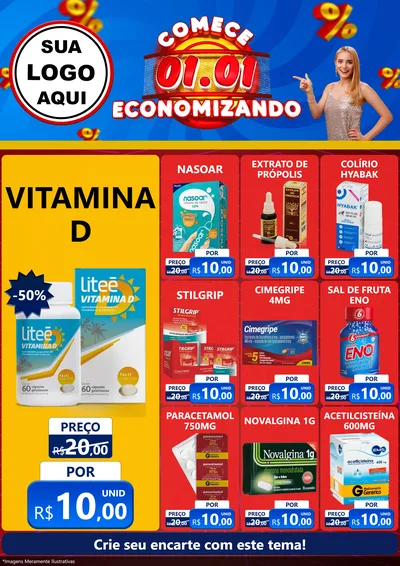 Modelo de Encarte para Encarte A4 Vertical com o tema Comece 1º de Janeiro Economizando para Farmácia
