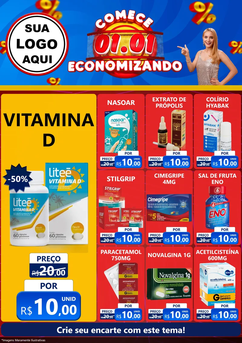 Modelo de Encarte para Encarte A4 Vertical com o tema Comece 1º de Janeiro Economizando para Farmácia