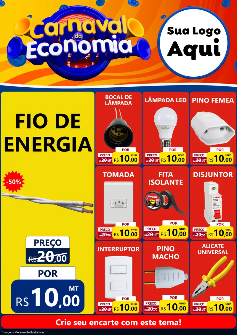 Modelo de Encarte para Encarte A4 Vertical com o tema Carnaval da Economia para Materiais Elétricos