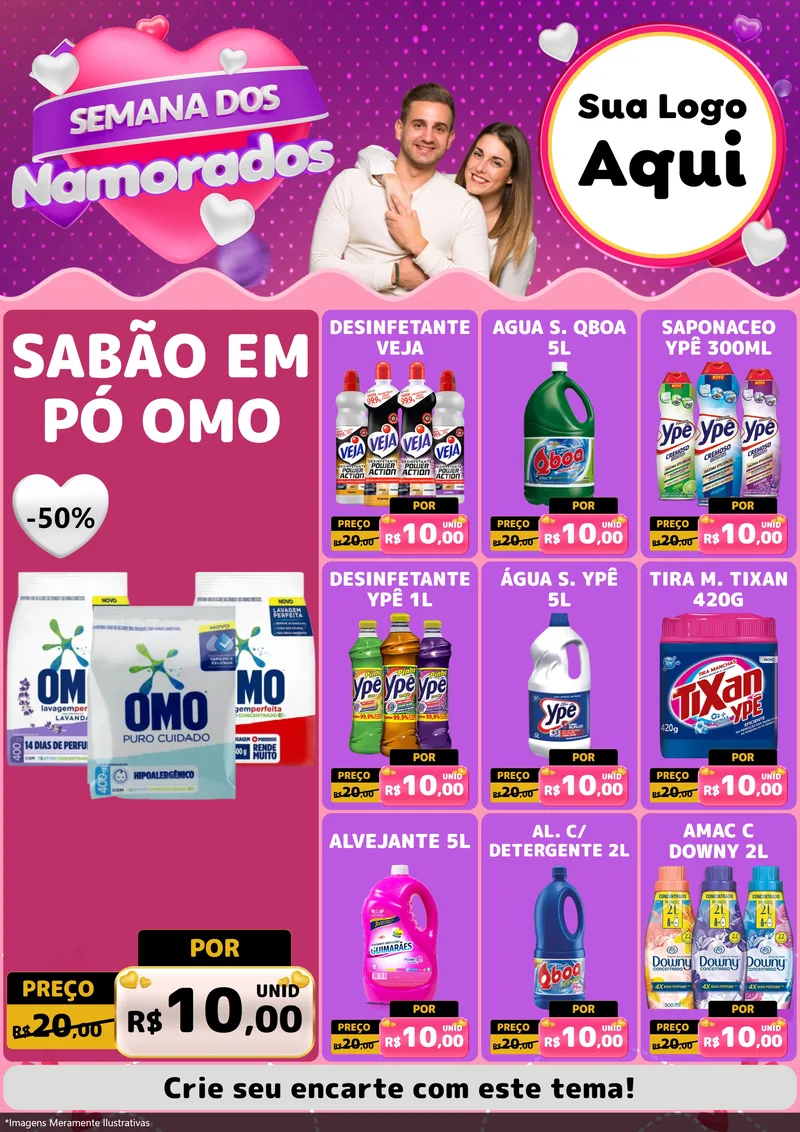 Modelo de Encarte para Encarte A4 Vertical com o tema Semana dos Namorados para Produtos de Limpeza